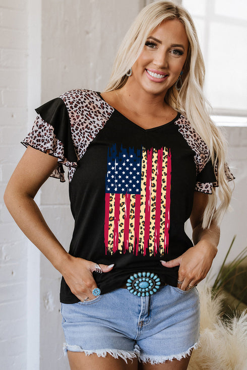 Distressed Patriotic Graphic Ruffle Sleeve V Neck Tee