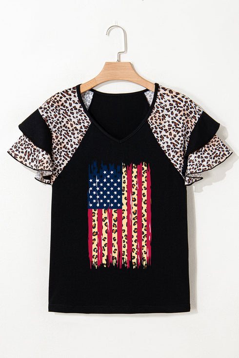 Distressed Patriotic Graphic Ruffle Sleeve V Neck Tee