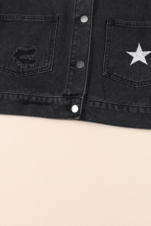 Distressed Pearls Star Cropped Denim Jacket