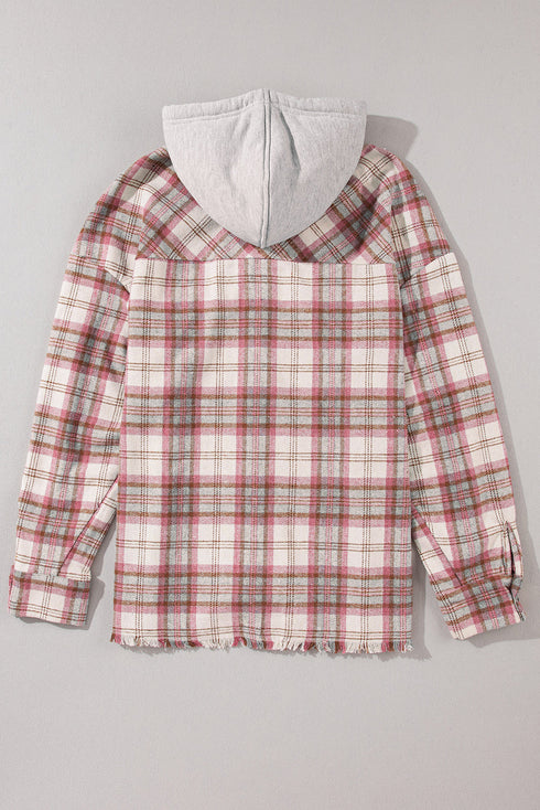 Distressed Plaid Flap Pocket Hooded Raw Hem Shacket