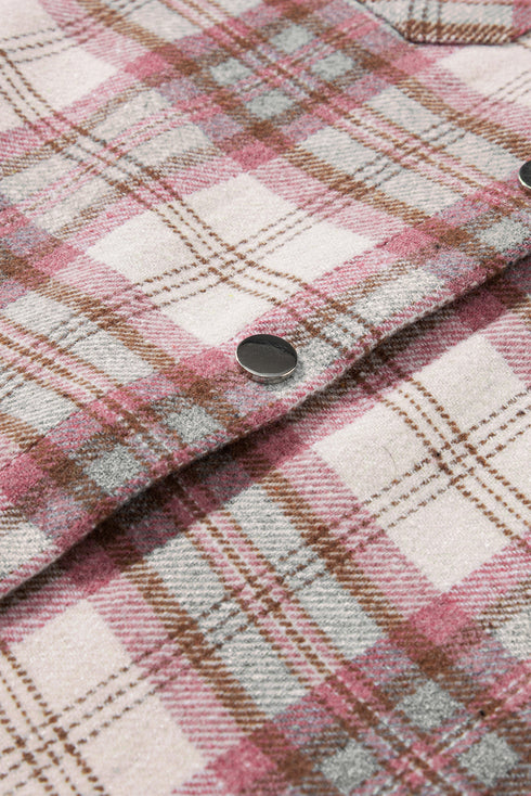 Distressed Plaid Flap Pocket Hooded Raw Hem Shacket