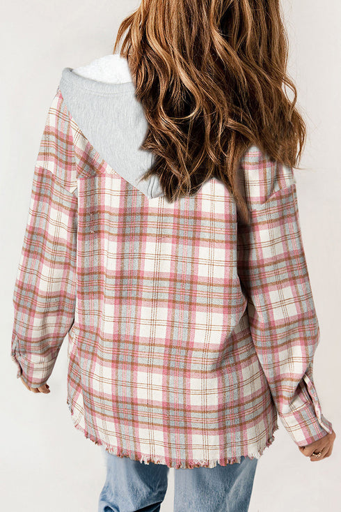 Distressed Plaid Flap Pocket Hooded Raw Hem Shacket