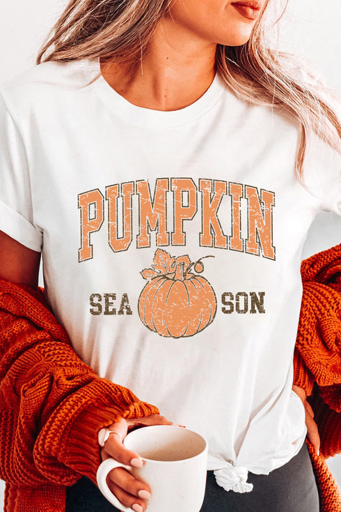Distressed Pumpkin Season Graphic Print Autumn Crewneck T Shirt