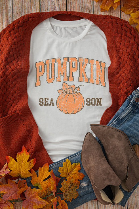 Distressed Pumpkin Season Graphic Print Autumn Crewneck T Shirt