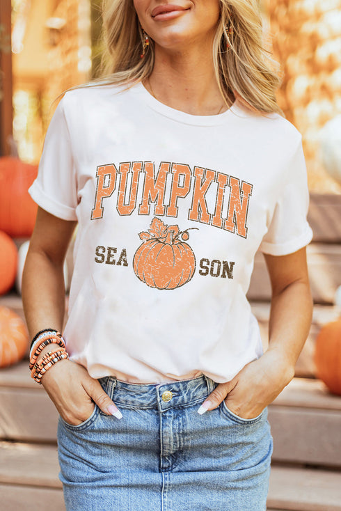Distressed Pumpkin Season Graphic Print Autumn Crewneck T Shirt