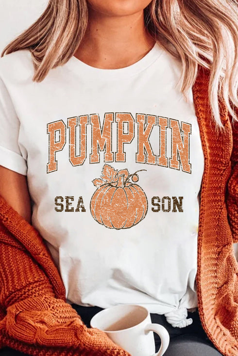 Distressed Pumpkin Season Graphic Print Autumn Crewneck T Shirt