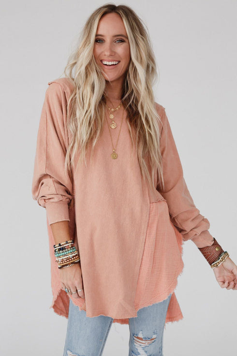 Distressed Raw Edge Mixed Texture Oversized Tunic