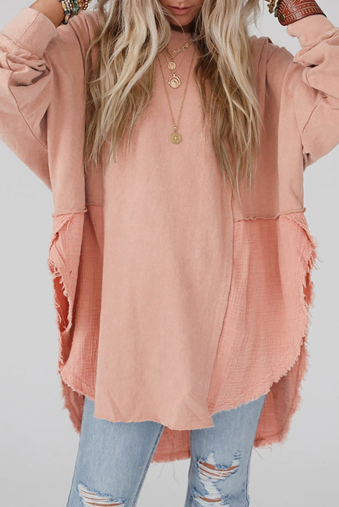 Distressed Raw Edge Mixed Texture Oversized Tunic
