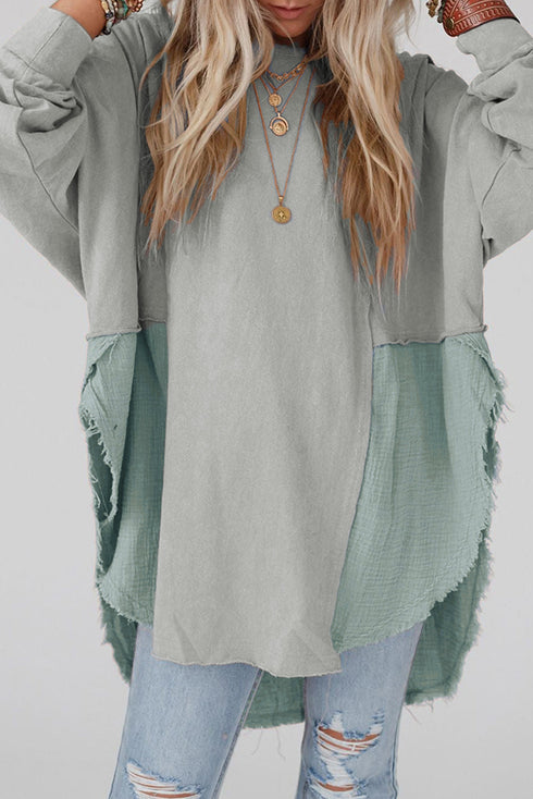 Distressed Raw Edge Mixed Texture Oversized Tunic