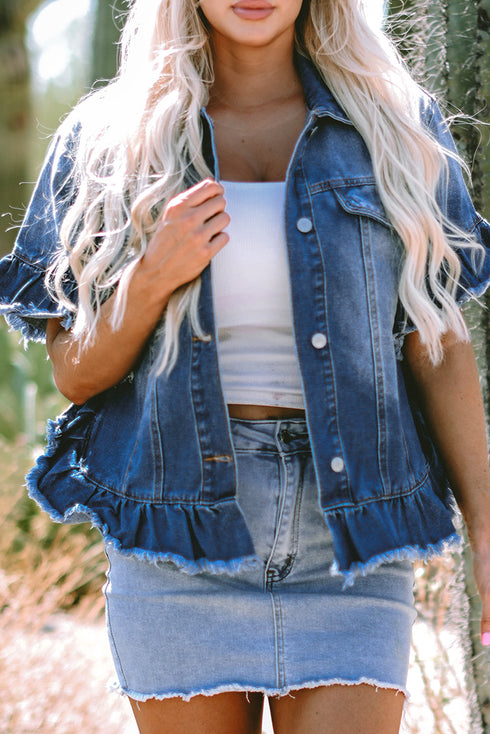 Distressed Raw Edge Ruffle Short Sleeve Denim Jacket