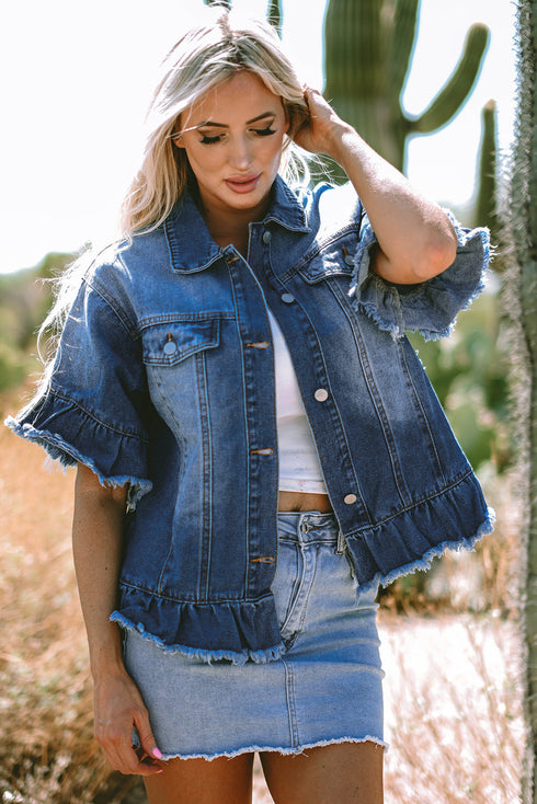 Distressed Raw Edge Ruffle Short Sleeve Denim Jacket