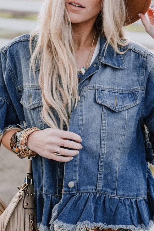 Distressed Raw Edge Ruffle Short Sleeve Denim Jacket