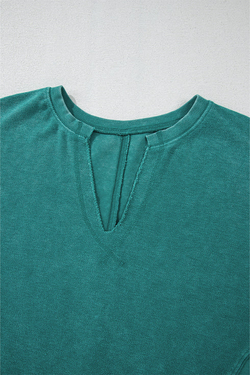 Distressed Raw Edge Split Neck Pullover Sweatshirt