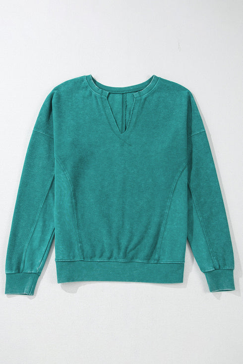 Distressed Raw Edge Split Neck Pullover Sweatshirt