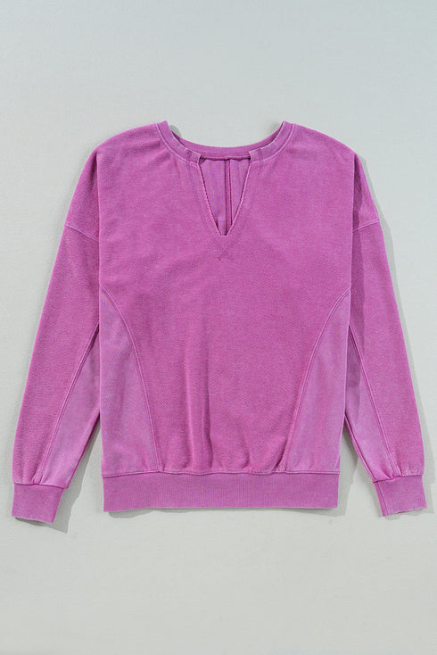 Distressed Raw Edge Split Neck Pullover Sweatshirt