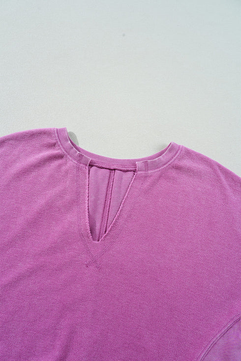 Distressed Raw Edge Split Neck Pullover Sweatshirt
