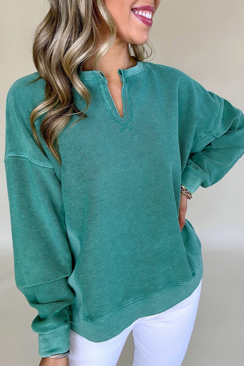 Distressed Raw Edge Split Neck Pullover Sweatshirt