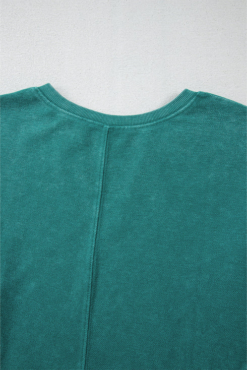 Distressed Raw Edge Split Neck Pullover Sweatshirt