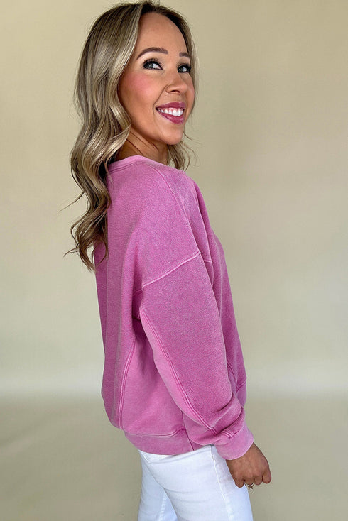 Distressed Raw Edge Split Neck Pullover Sweatshirt