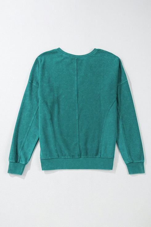 Distressed Raw Edge Split Neck Pullover Sweatshirt