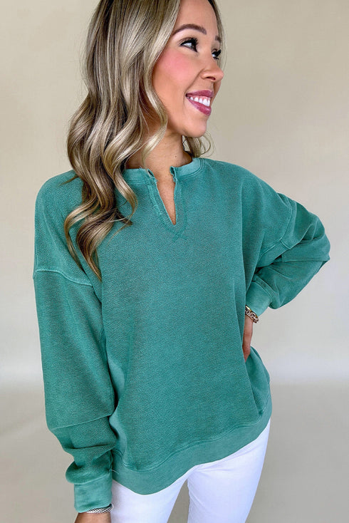 Distressed Raw Edge Split Neck Pullover Sweatshirt