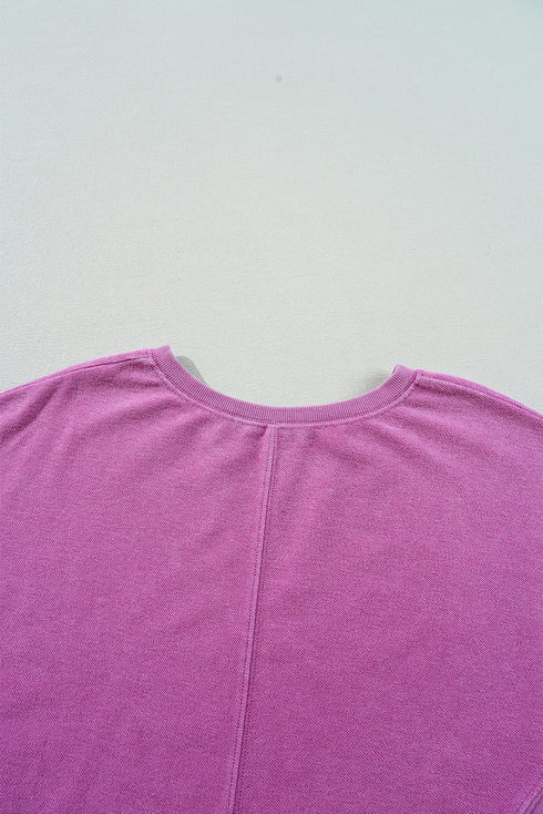 Distressed Raw Edge Split Neck Pullover Sweatshirt