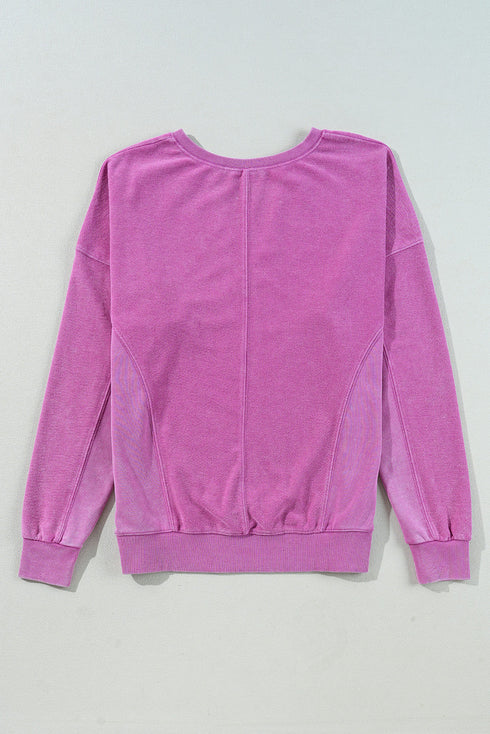 Distressed Raw Edge Split Neck Pullover Sweatshirt