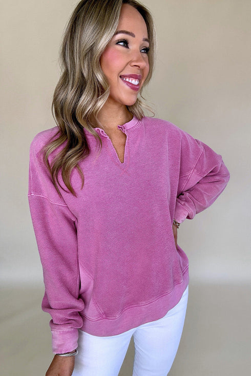 Distressed Raw Edge Split Neck Pullover Sweatshirt