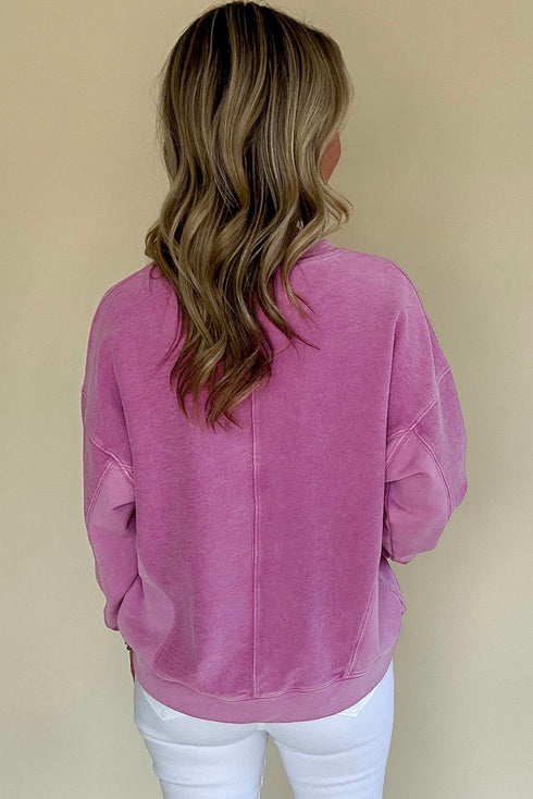 Distressed Raw Edge Split Neck Pullover Sweatshirt