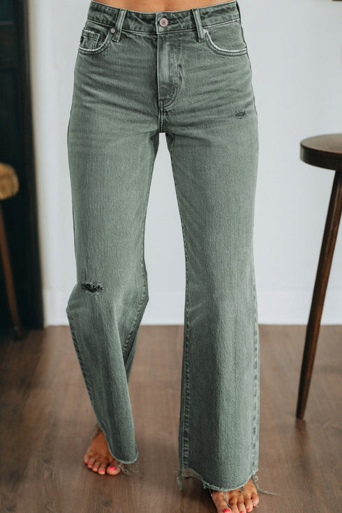Distressed Raw Edge Wide Leg Denim Jeans