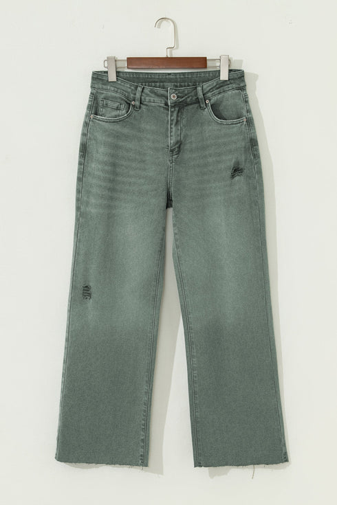 Distressed Raw Edge Wide Leg Denim Jeans