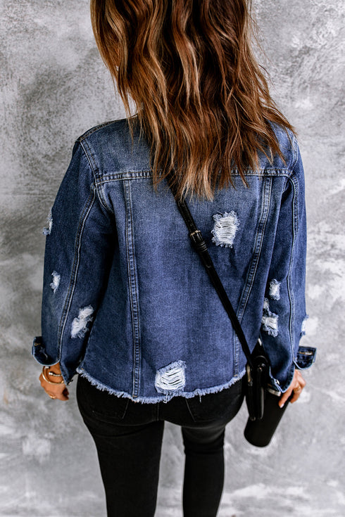 Distressed Raw Hem Button Front Denim Shacket