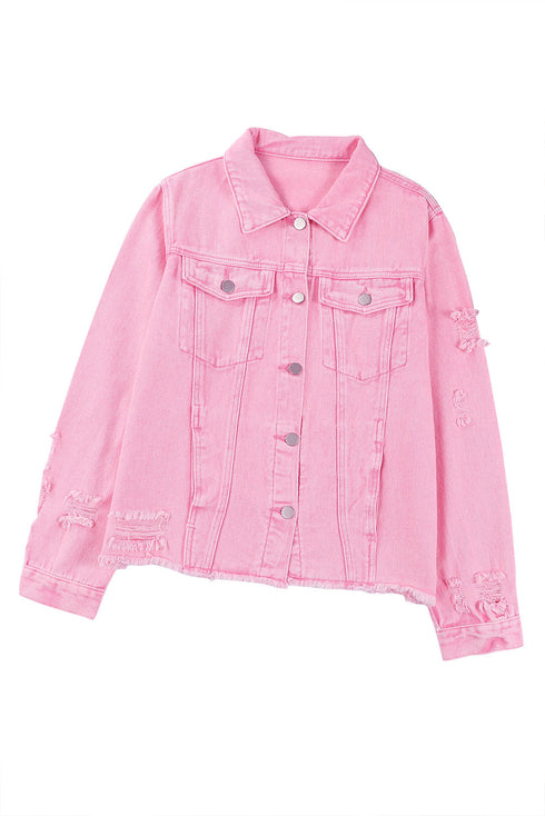 Distressed Raw Hem Button Front Denim Shacket