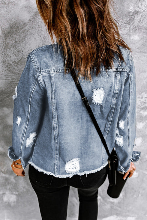 Distressed Raw Hem Button Front Denim Shacket