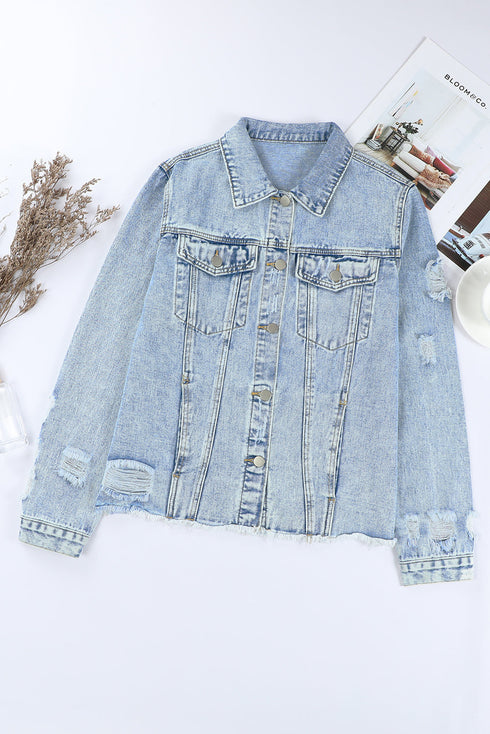 Distressed Raw Hem Button Front Denim Shacket