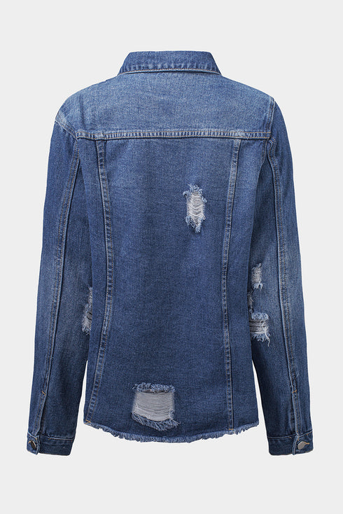 Distressed Raw Hem Button Front Denim Shacket