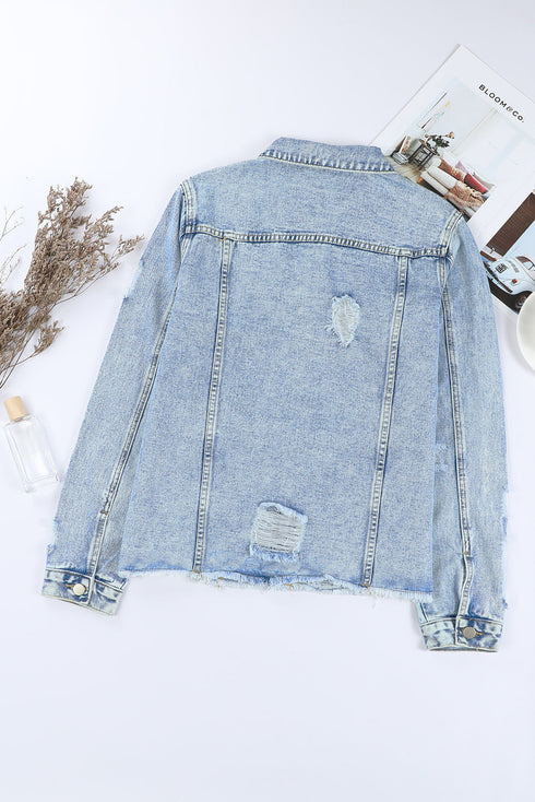 Distressed Raw Hem Button Front Denim Shacket