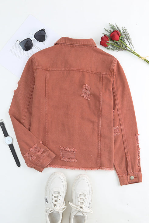 Distressed Raw Hem Button Front Denim Shacket