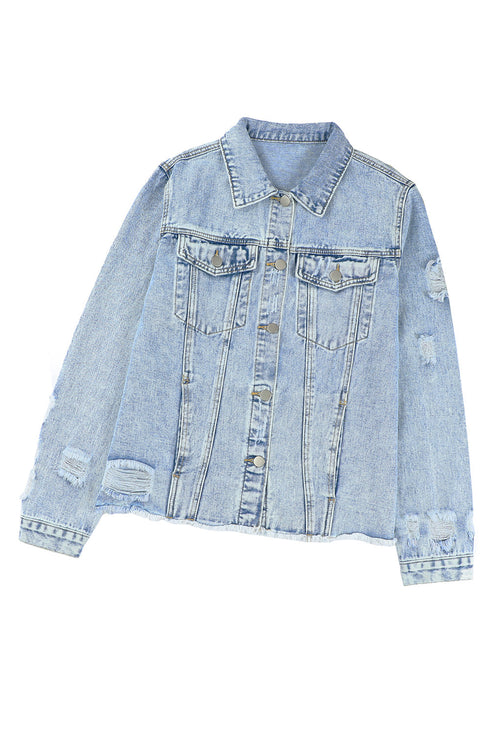 Distressed Raw Hem Button Front Denim Shacket