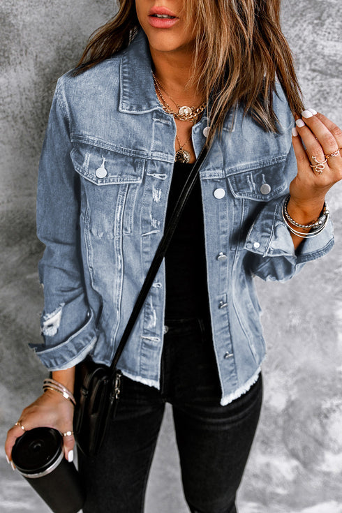 Distressed Raw Hem Button Front Denim Shacket