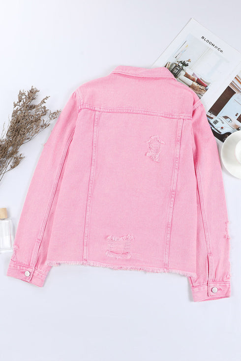 Distressed Raw Hem Button Front Denim Shacket