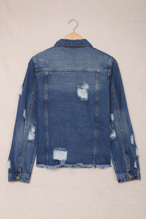 Distressed Raw Hem Button Front Denim Shacket
