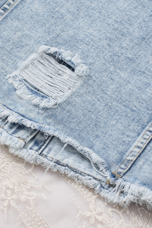 Distressed Raw Hem Button Front Denim Shacket