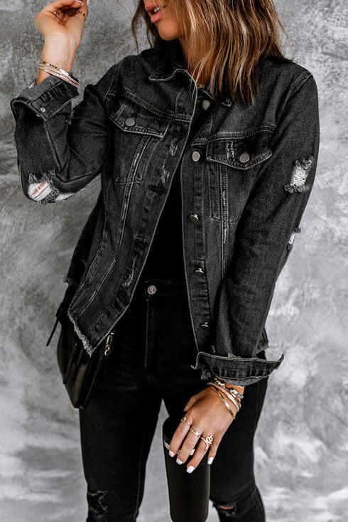 Distressed Raw Hem Button Front Denim Shacket