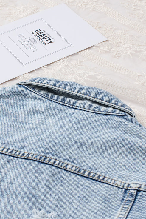 Distressed Raw Hem Button Front Denim Shacket