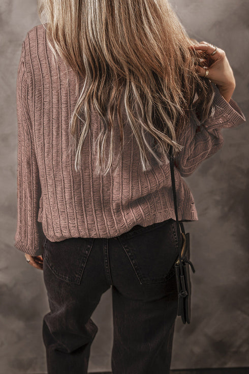 Distressed Ribbed Knit Button Front V Neck Cardigan