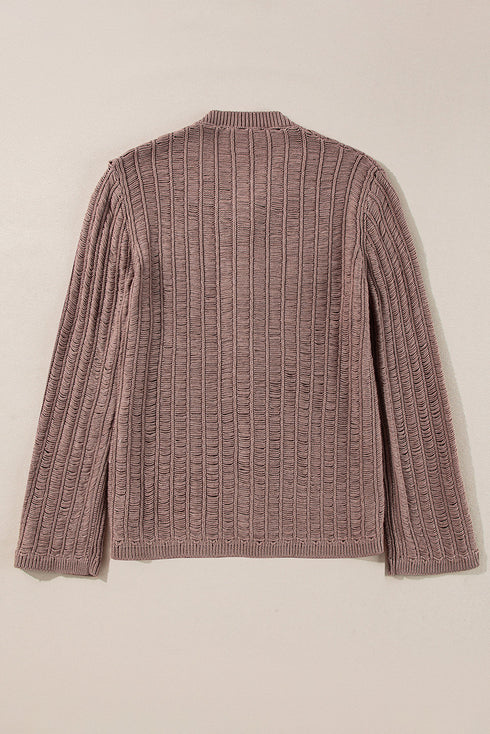 Distressed Ribbed Knit Button Front V Neck Cardigan