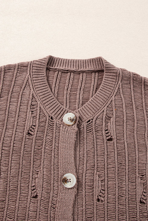 Distressed Ribbed Knit Button Front V Neck Cardigan