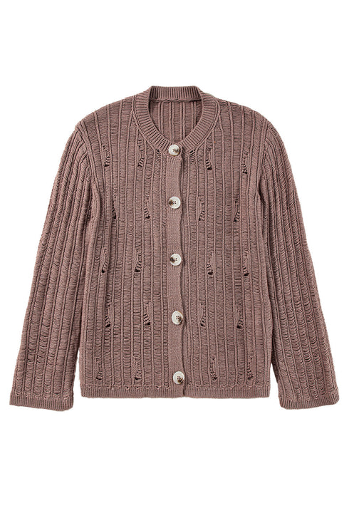Distressed Ribbed Knit Button Front V Neck Cardigan