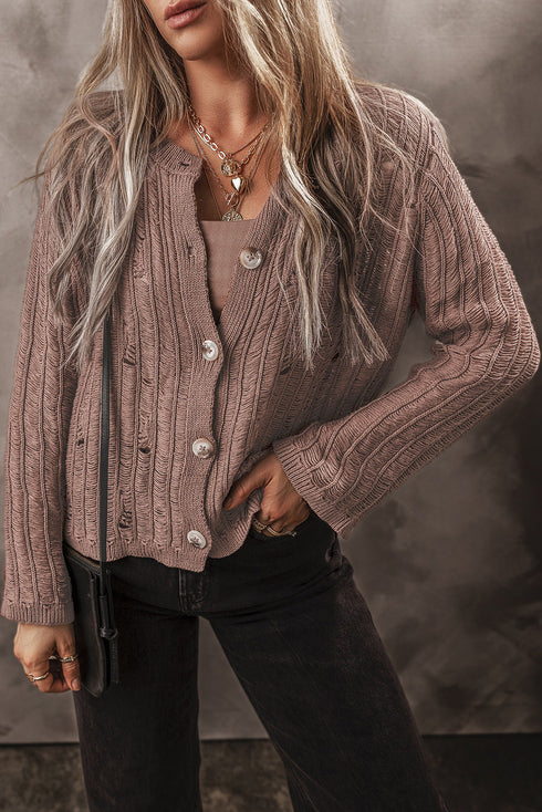 Distressed Ribbed Knit Button Front V Neck Cardigan